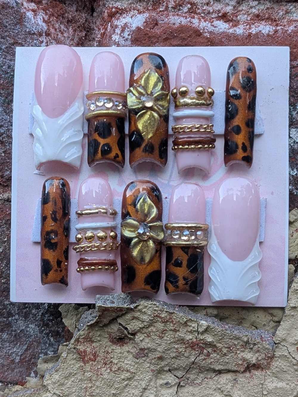 Handcrafted Leopard Print Press-On Nails with Pink & Gold Accents